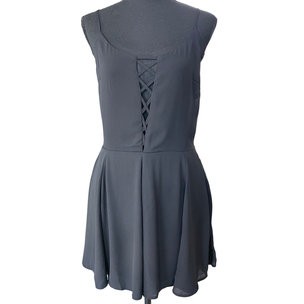 Express Charcoal Gray Sleeveless Romper with Lattice Front
